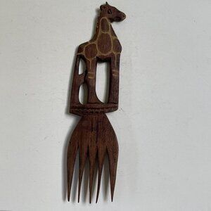 Wooden Carved Fork Giraffe Handle Serving Salad Home Decor Vintage Kitchen